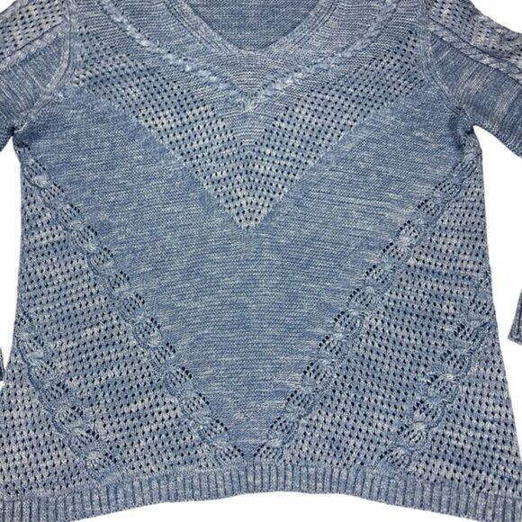 Chico's Textured Open Knit V-Neck Sweater Women L Blue Classic Oversize Pullover - Picture 6 of 16